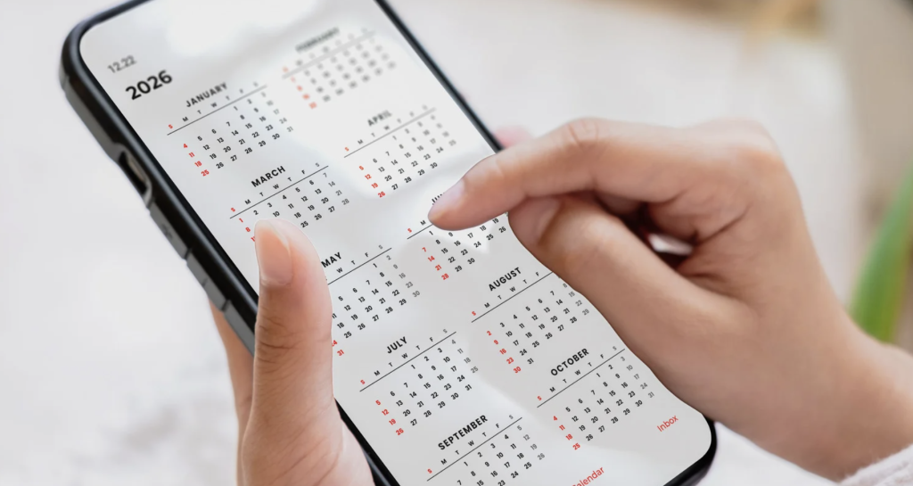 2026 calendar representing booking boat charters for next year